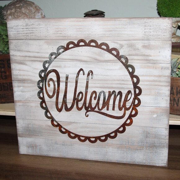 NEW Large Rustic Distressed Wood & Rusty Metal Farmhouse WELCOME Wall Decor - Picture 1 of 3